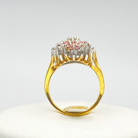 Gold and Silver Tone Ring Pink Clear Glass Cubic Zirconia Cocktail Unmarked SZ 7 - Picture 3 of 13